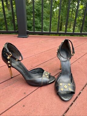 Sigerson Morrison Black Leather Open-Toe Heels with Gold Stud Accents